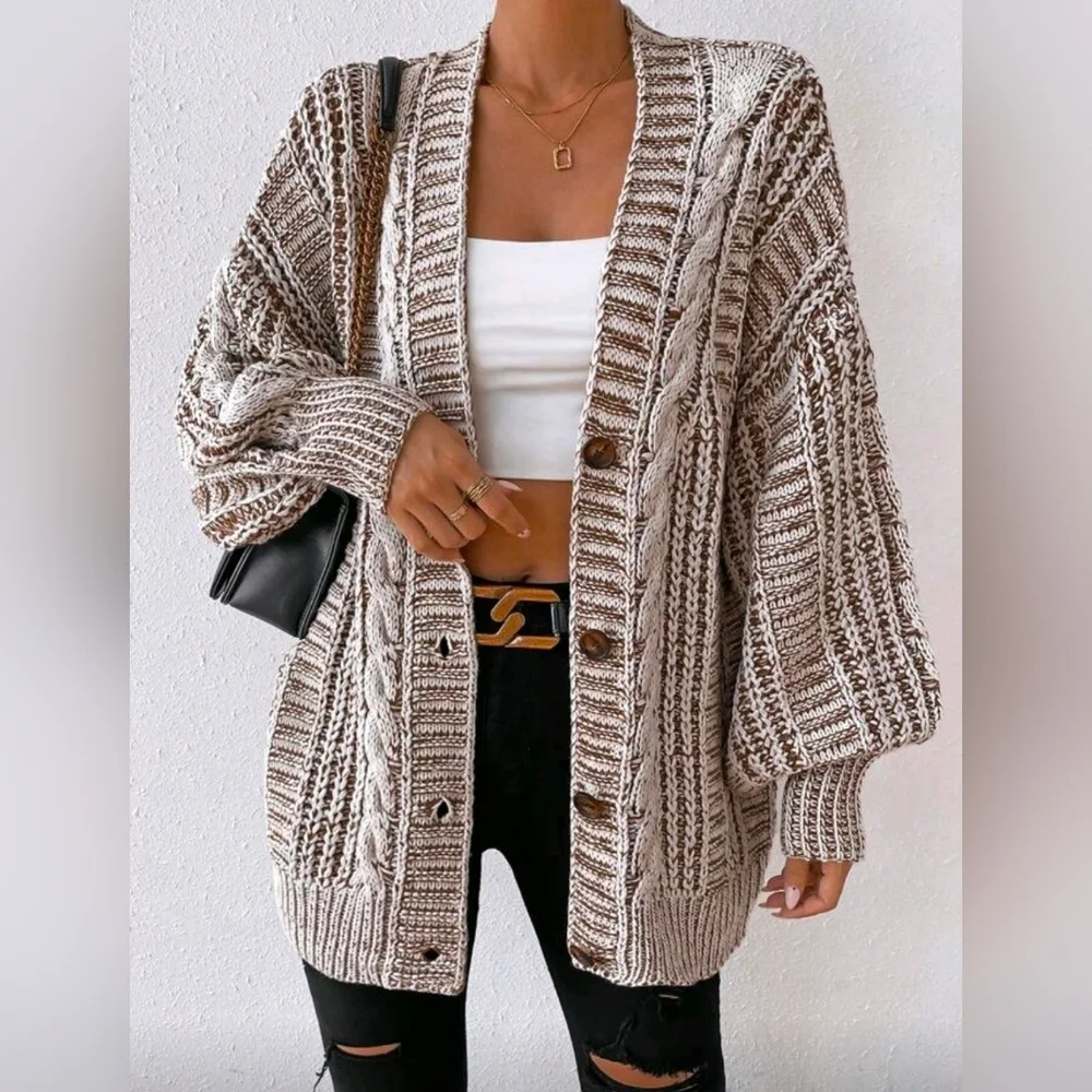 New Boho Chunky Cable Knit Cardigan Sweater Cream White Brown - Picture 4 of 10